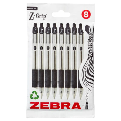 Zebra Pen Z Grip Black Retractable Ballpoint Pens x 8