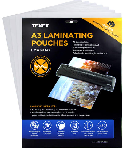 Texet A3 laminating pouches 250 microns Pack of 25