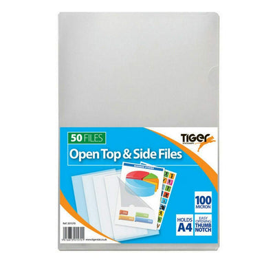 A4 x 50 Clear Open Top & Side Report Files Cut Flush Folders