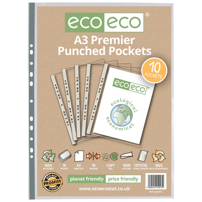 eco-eco A3 100% Recycled Glass Clear 45 Micron Punched Pockets Pack of 25