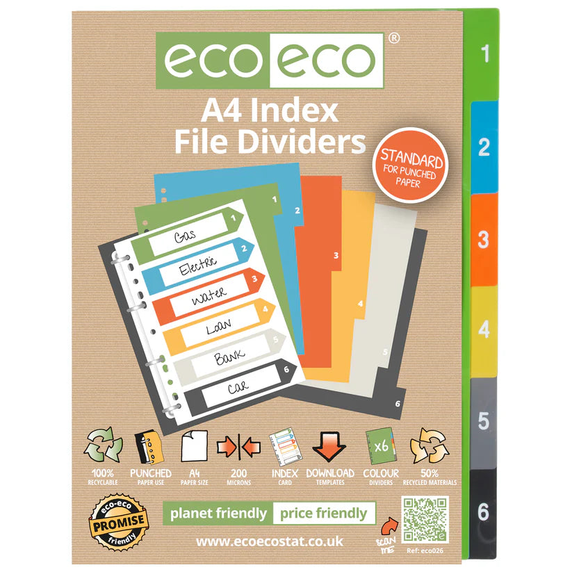 eco-eco A4 50% Recycled Numbered 6 or 12 Part Dividers