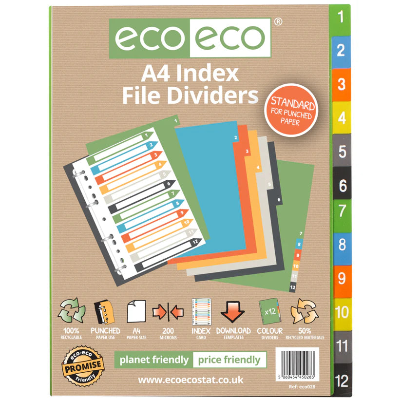eco-eco A4 50% Recycled Numbered 6 or 12 Part Dividers