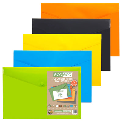 5 x eco eco A3 95% Recycled Press Stud Wallet Coloured
