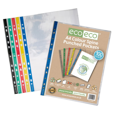 eco-eco eco093 A4 100% Recycled Coloured Spine Punched Pockets Glass Clear 100 x 45 micron